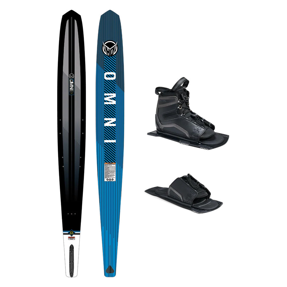 Blue and black water ski with bindings on a white background