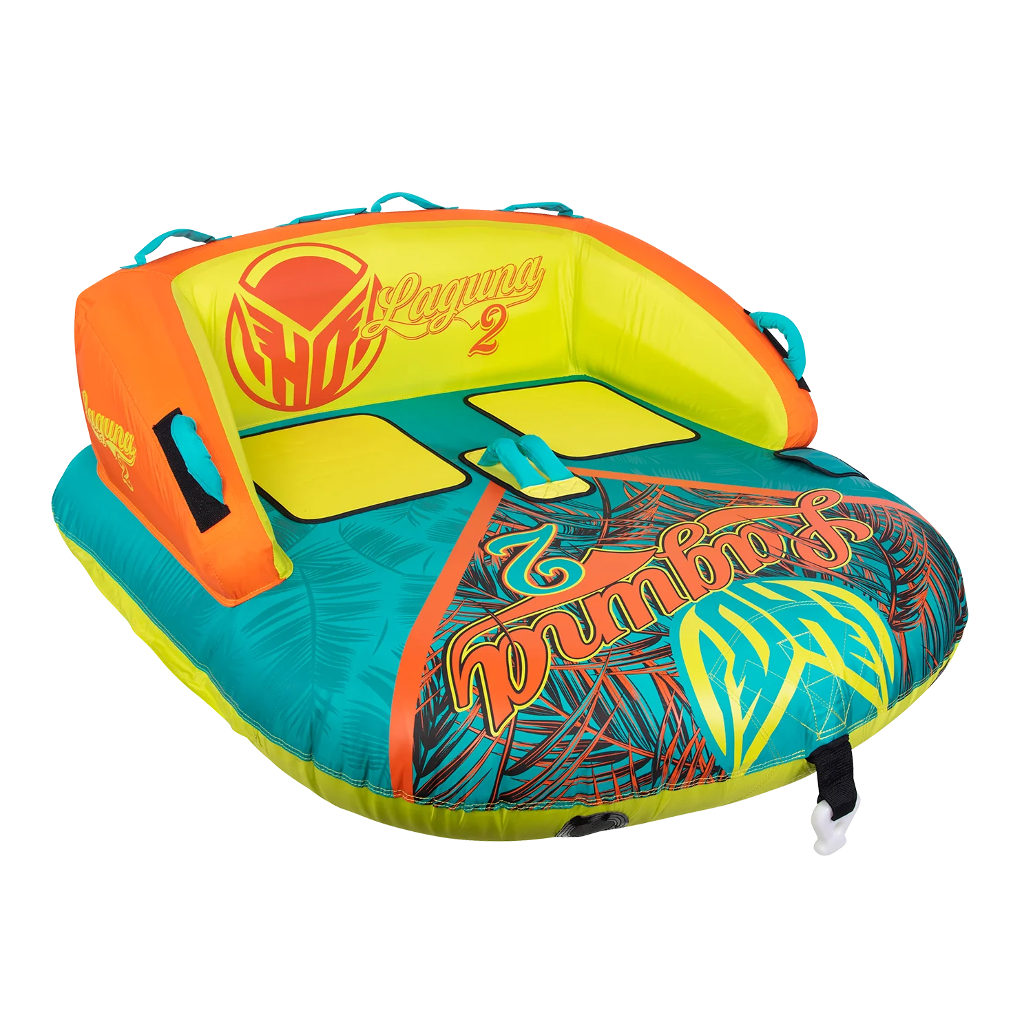 Explore the HO Laguna 2 Tube by HO Sports—a vibrant inflatable water tube adorned with an eye-catching pattern and strong handles. Equipped with a Quick Connect Tow Attachment System, it allows for multi-directional towing and comfortably holds two riders.