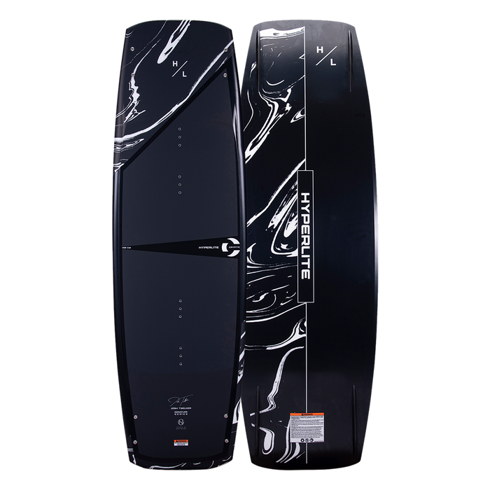A Hyperlite 2023 Cryptic wakeboard featuring Team OT bindings, set against a black background.