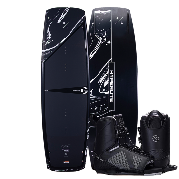 A Hyperlite 2023 Cryptic wakeboard with a pair of Hyperlite Team OT bindings.