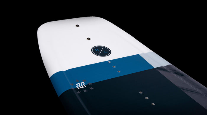 The back of a Hyperlite 2024 Motive Jr. Wakeboard with a blue and white stripe, comfortable Remix Bindings.