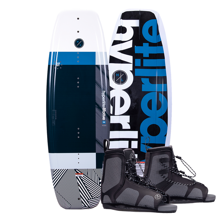 The Hyperlite 2024 Motive Jr. Wakeboard features comfortable wakeboard bindings known as Remix Boots, providing the perfect pairing for a ride on the water.