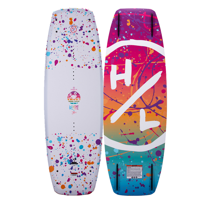 A Hyperlite 2024 Murray Girls Wakeboard with colorful splatters on it, designed for the Murray Girls and endorsed by Shaun.