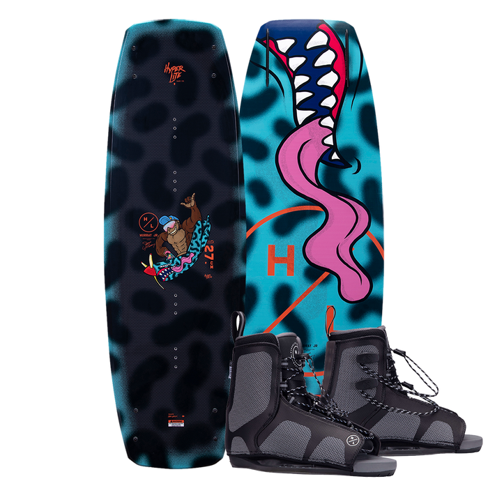 A pair of Hyperlite 2024 Murray Jr. wakeboard boots with a Remix Boy's Bindings model and a shark design on it.