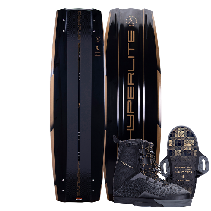 A Hyperlite 2023 Rusty Pro Wakeboard, black and gold wakeboard with a pair of Ultra Bindings boots.