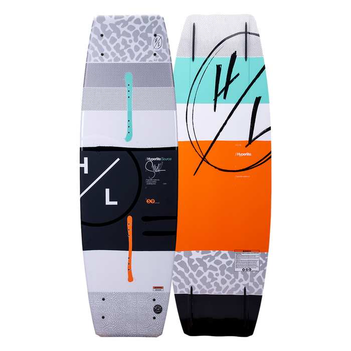 A Hyperlite 2023 Source Wakeboard with an orange, blue, and white design.