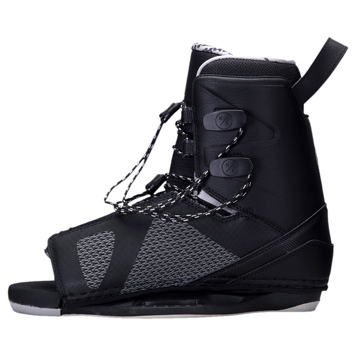 A pair of black and grey Hyperlite wakeboard boots, designed by Aaron Stumpf for Team OT Binding.