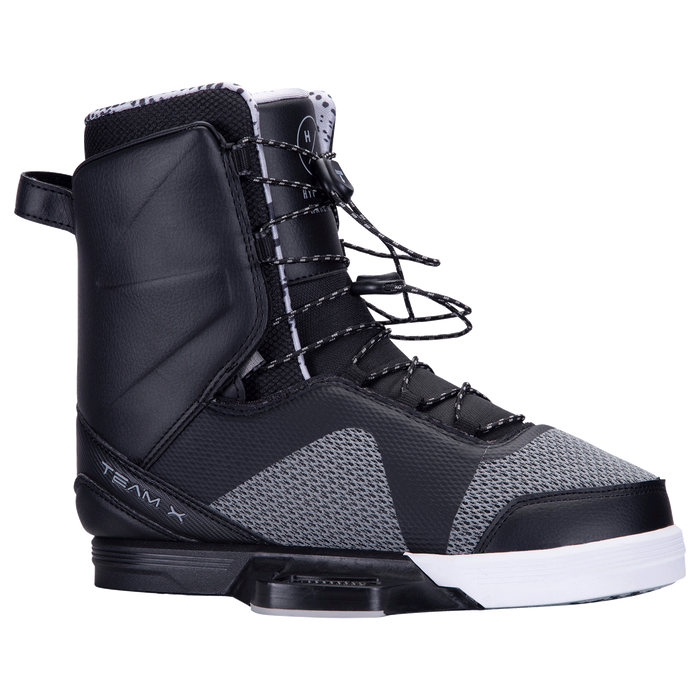 A pair of black and white Hyperlite wakeboard boots with freeride functionality, the Hyperlite 2023 Source Wakeboard | Team X Bindings.