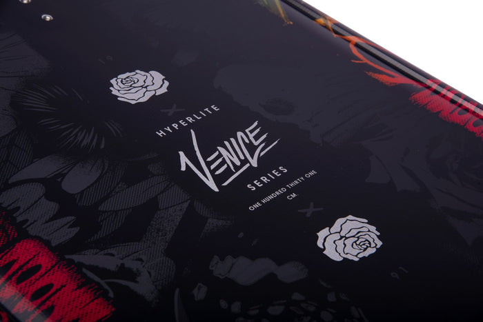 The back of a Hyperlite 2023 Venice Wakeboard with a floral design on it, inspired by Venice's vibrant and colorful atmosphere.