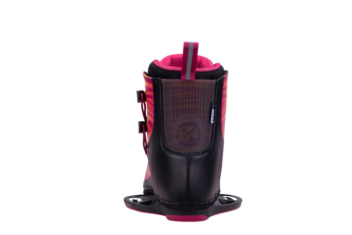 A pair of black and pink Hyperlite 2023 Cadence Wakeboard | Jinx Bindings on a white background.