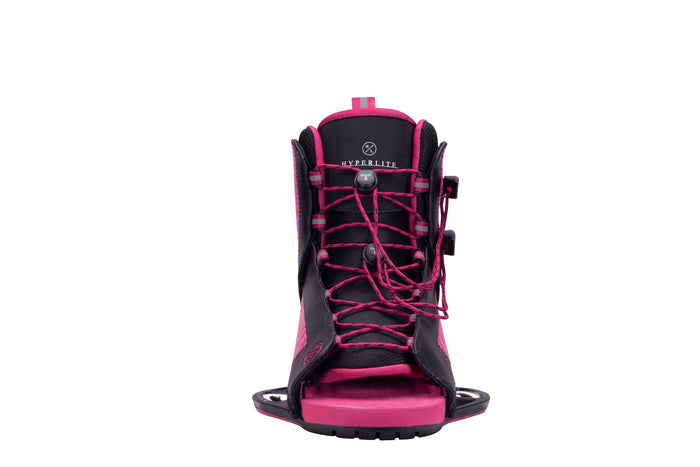 Hyperlite 2023 Venice Wakeboard | Jinx Bindings pink and black women's boots with Hyperlite logo.