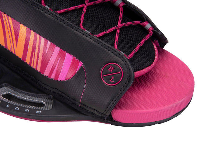 A pair of Hyperlite 2023 Venice Wakeboard | Jinx Bindings with pink and black accents by Shaun Murray.