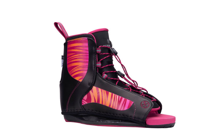 A pair of Hyperlite 2023 Cadence wakeboard boots with pink and black accents.