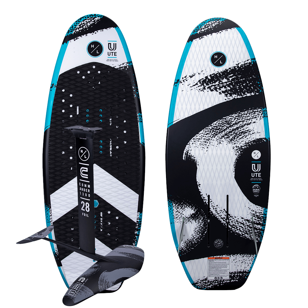 A Hyperlite 2024 Ute Foil Board | Commander 1300 Foil Package with a black and white design.