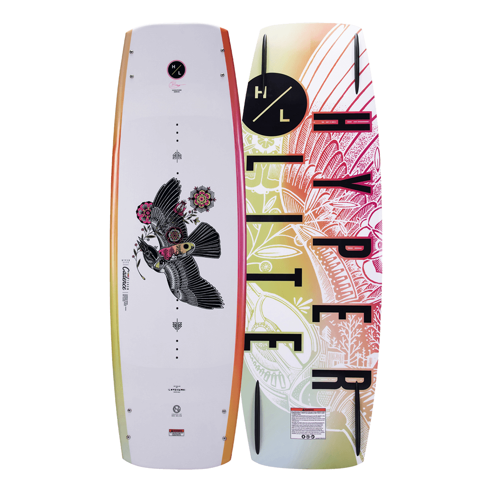 The Hyperlite 2024 Cadence wakeboard featuring the word 'hyper' is designed for female athletes seeking an exhilarating ride on the water.