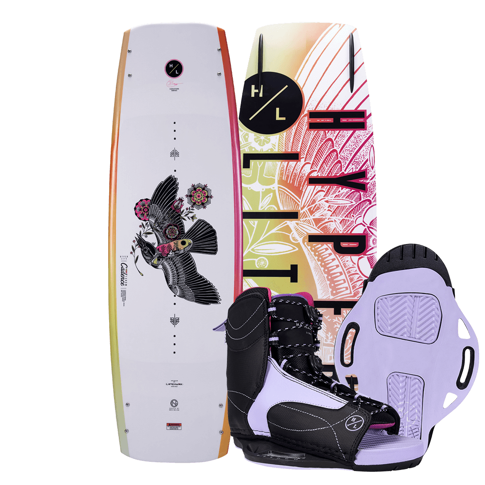 A Hyperlite 2024 Cadence Wakeboard with a pair of Womens Jinx Bindings.