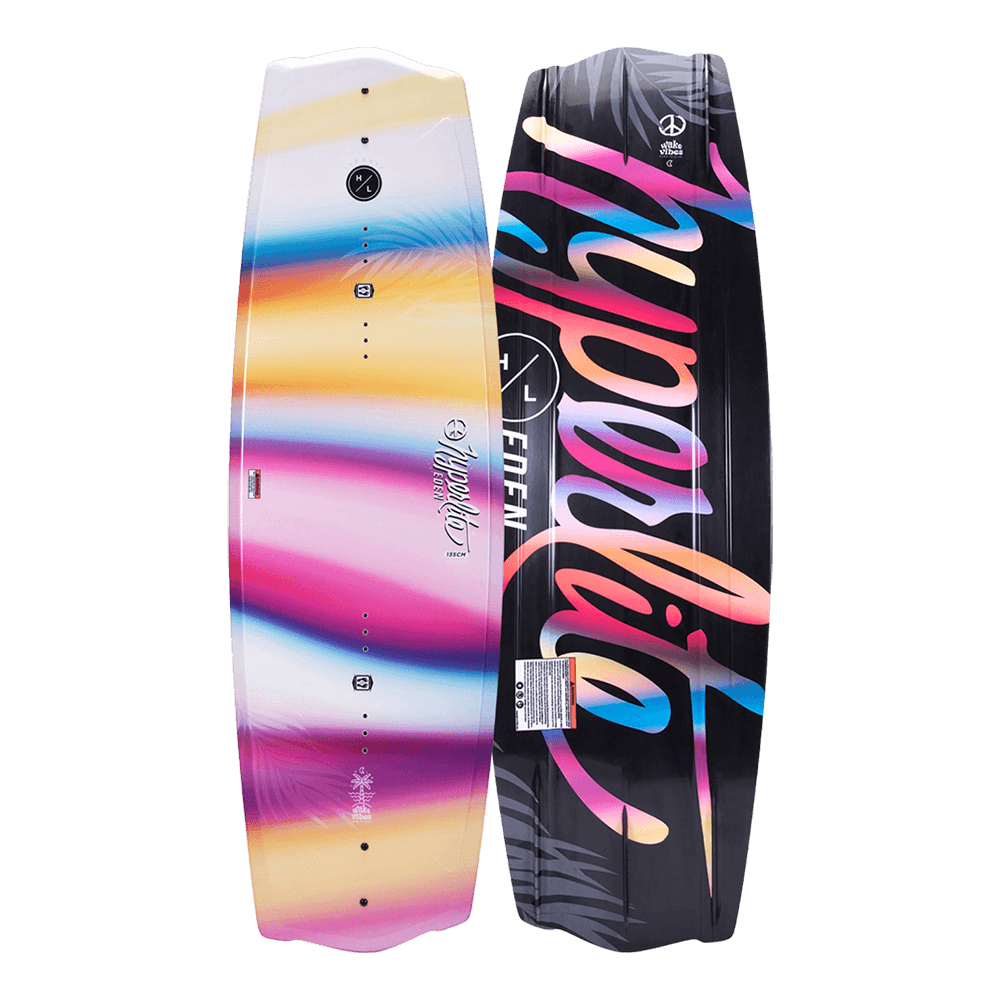 The Hyperlite 2024 Eden Jr Wakeboard by Hyperlite features an asymmetrical design that showcases its colorful aesthetic, perfect for wakeboarding enthusiasts.