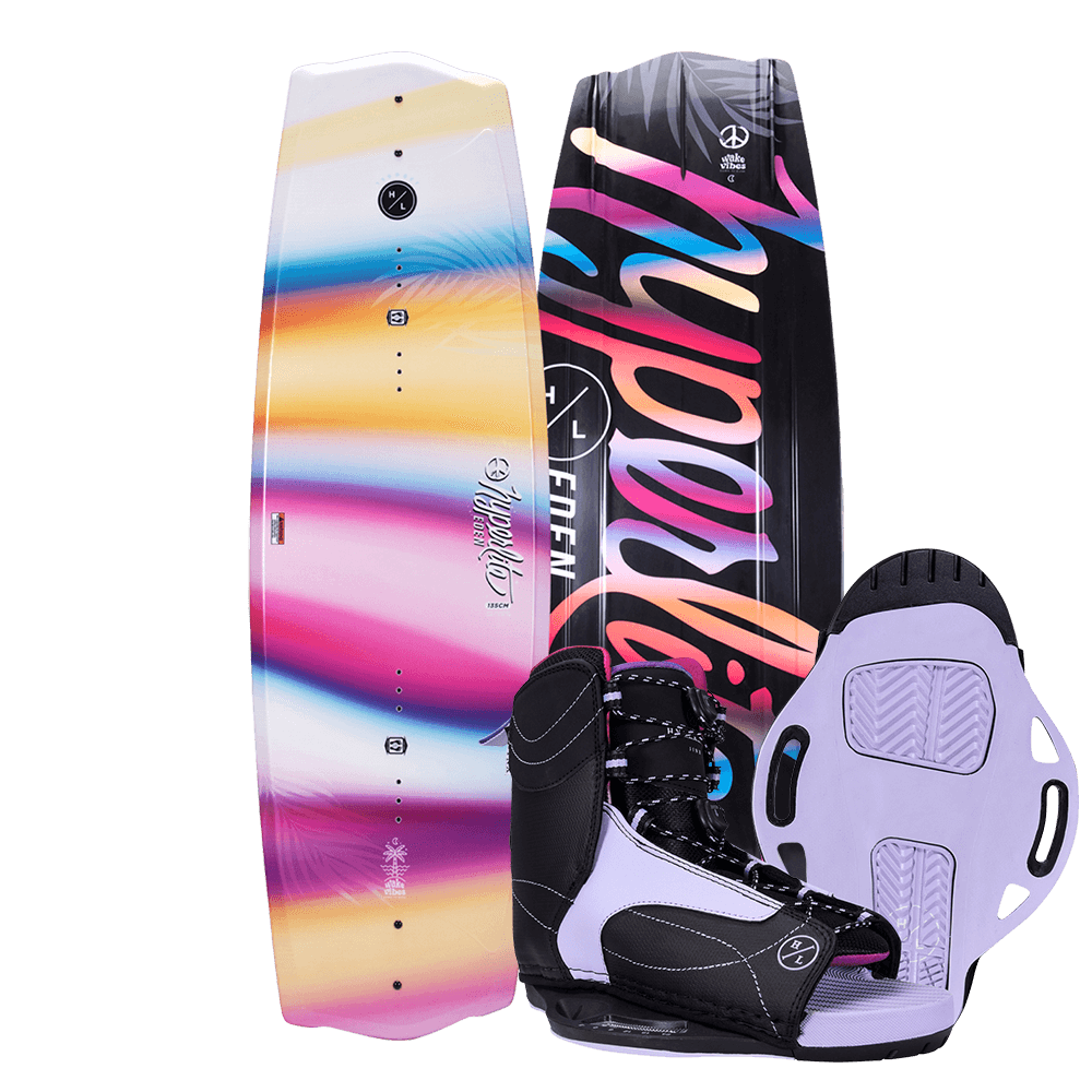 The Hyperlite 2024 Eden Jr Wakeboard | Jinx Girls Bindings (K12-2) features an asymmetrical design, combining the exhilarating sport of wakeboarding with the versatility of skiing. This innovative board comes with a pair of skis.