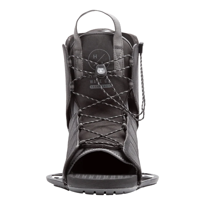 The Hyperlite 2025 Frequency Bindings by Hyperlite boast a molded EVA footbed with laces, an open toe design, and a convenient loop on top for easy transport, all built on a low pro plate system to enhance performance.