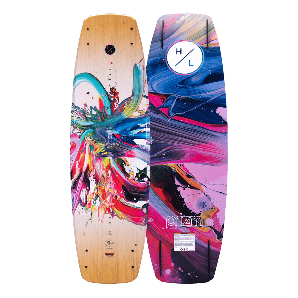 A Hyperlite 2024 Prizm Wakeboard with a colorful painting on it featuring the Prizm technology.