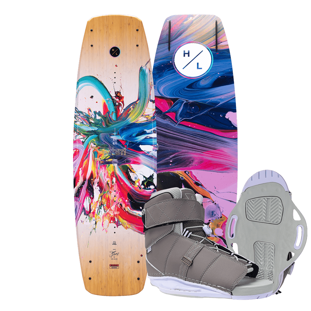 Enhance your water sports experience with the Hyperlite 2024 Prizm Wakeboard, equipped with a pair of high-performance Hyperlite Womens Viva Bindings for optimal control and comfort.