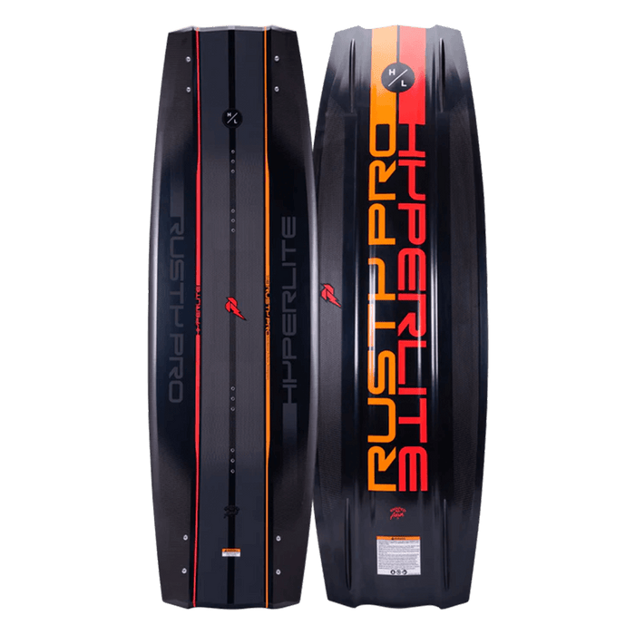 A Hyperlite 2024 Rusty Pro Wakeboard adorned with the Rusty Pro wakeboard design, featuring the exclusive Team OT Bindings developed by Aaron Stumpf.
