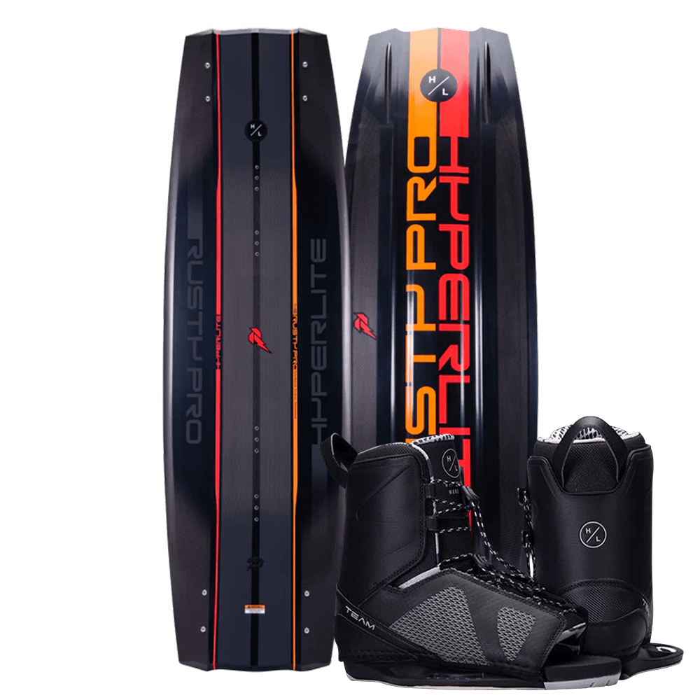 The Hyperlite 2024 Rusty Pro wakeboard with a pair of Team OT bindings, designed by Aaron Stumpf.