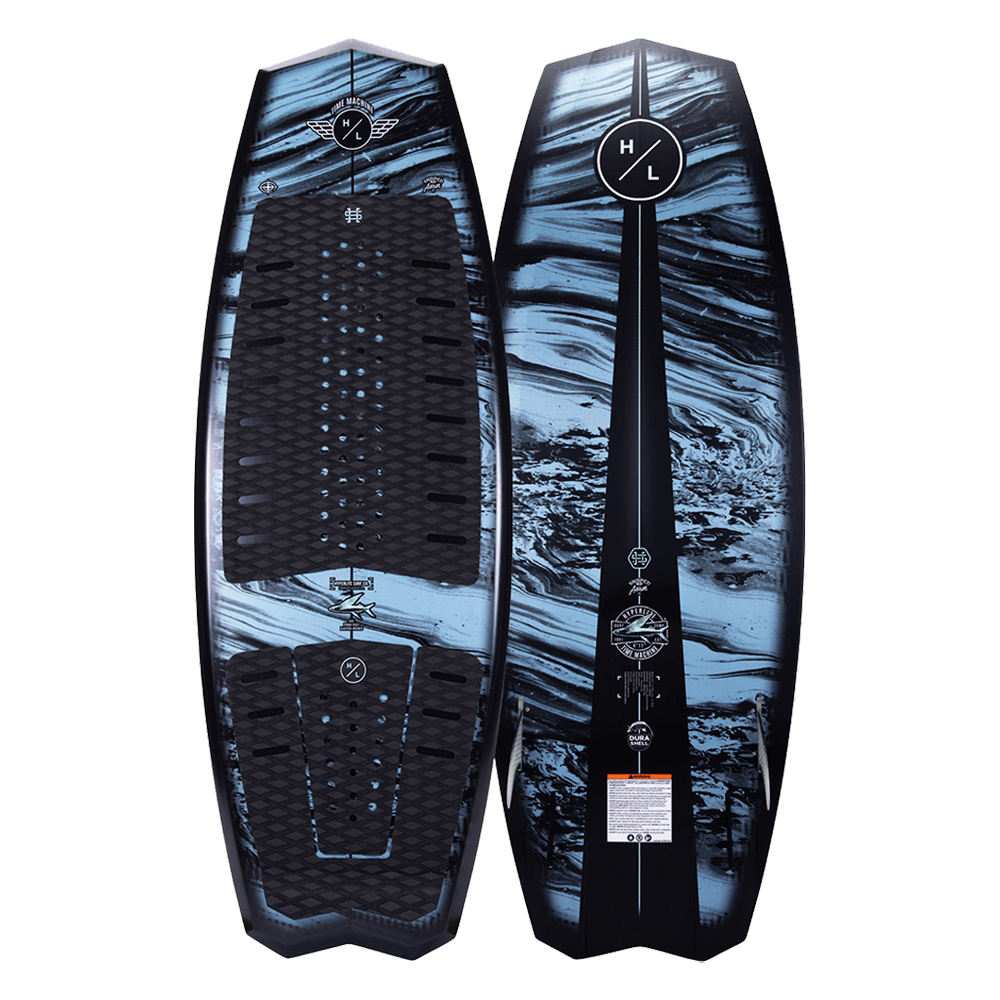 A Hyperlite 2024 Time Machine wakesurf board with a black and blue design, perfect for surf-style wake surfing enthusiasts.