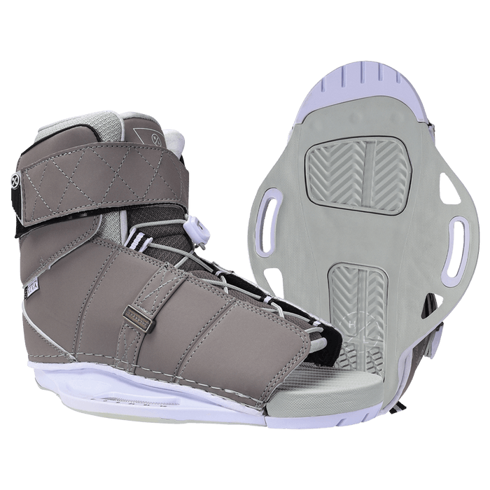A pair of Hyperlite 2024 Venice wakeboard boots in grey and white on a white background.