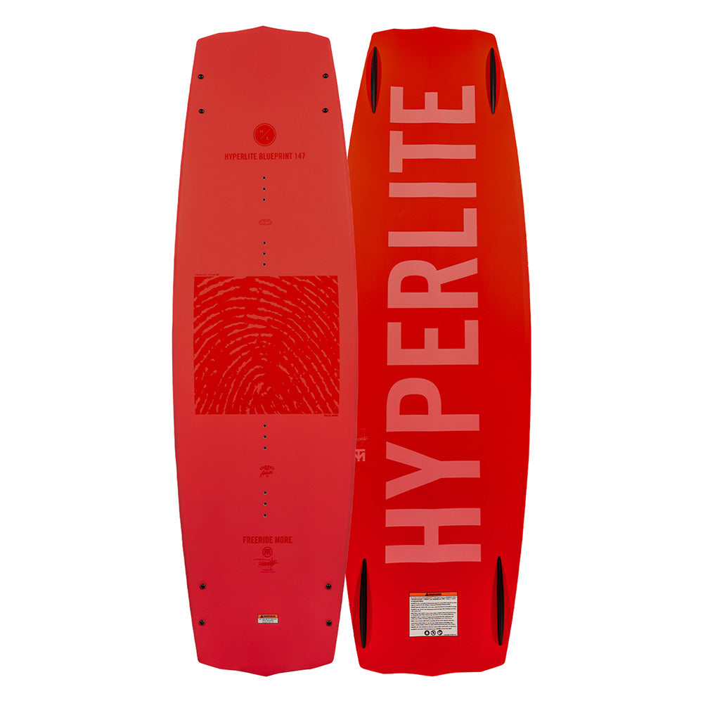 The image features two red wakeboards. One board prominently displays the Hyperlite brand name in a vertical orientation, while the other boasts design elements including a pattern and the text "Blueprint 141". Engineered for an exciting pop off the wake, these Hyperlite 2025 Blueprint Wakeboards ensure one of the gentlest landings during your adventurous ride.