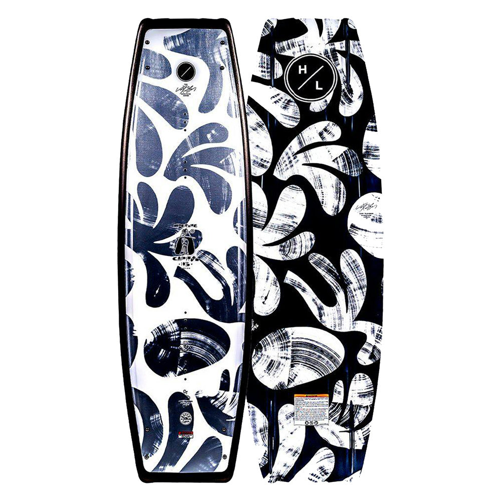 Two Hyperlite 2025 Capitol Wakeboards featuring abstract black and white patterns with curved shapes and branded logos, crafted using Biolite 3 Core for enhanced durability.