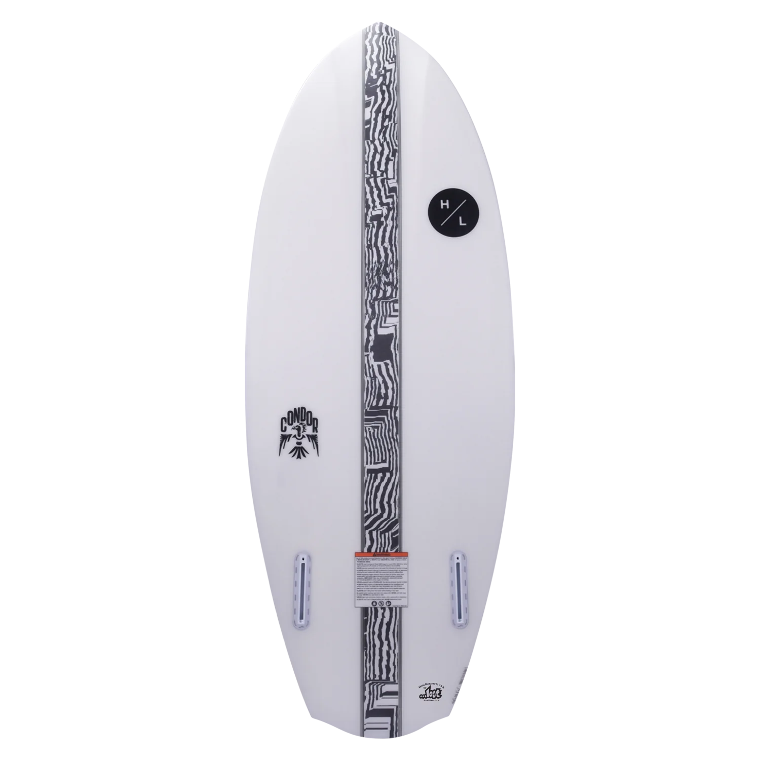 A white Hyperlite 2025 Condor Wakesurf Board featuring black geometric designs along the center, capturing the sleek artistry reminiscent of Lost Surfboards.