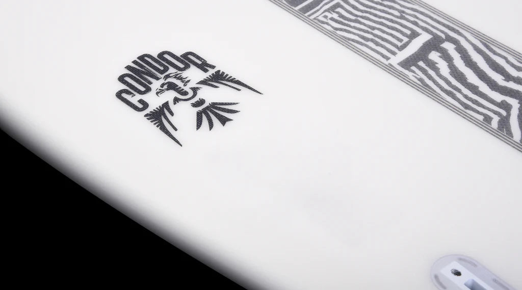 Close-up of a Hyperlite 2025 Condor Wakesurf Board featuring a black logo with a stylized bird set against a white background.