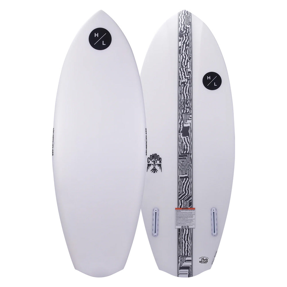 The pair of white Lost surfboards, adorned with black logos and featuring a central stripe embellished with a geometric pattern, mirror the sleek design cues commonly found in Hyperlite's 2025 Condor Wakesurf Board.