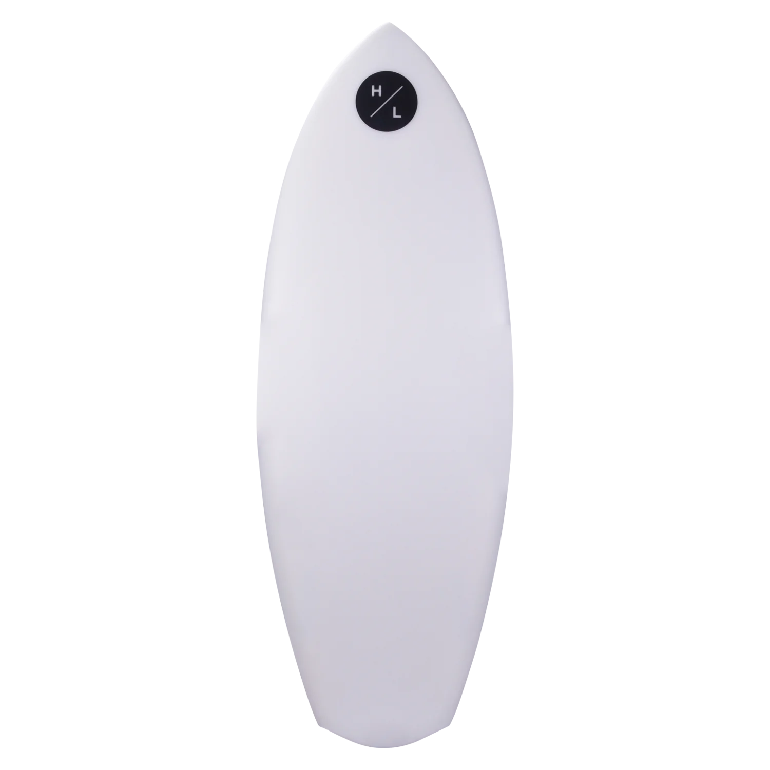 The Hyperlite 2025 Condor Wakesurf Board is a minimalist white design with a sleek black circular logo near the top, elegantly displaying the letters H and L separated by a line.