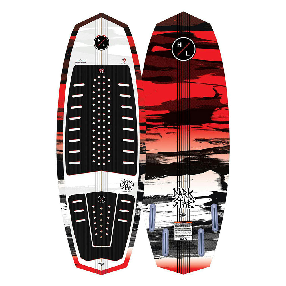 The Hyperlite 2025 Darkstar Wakesurf Boards feature bold red, black, and white abstract designs with the eye-catching "Darkstar" text and brand logos. Ideal for intermediate surfers looking for thrilling wave-riding experiences.