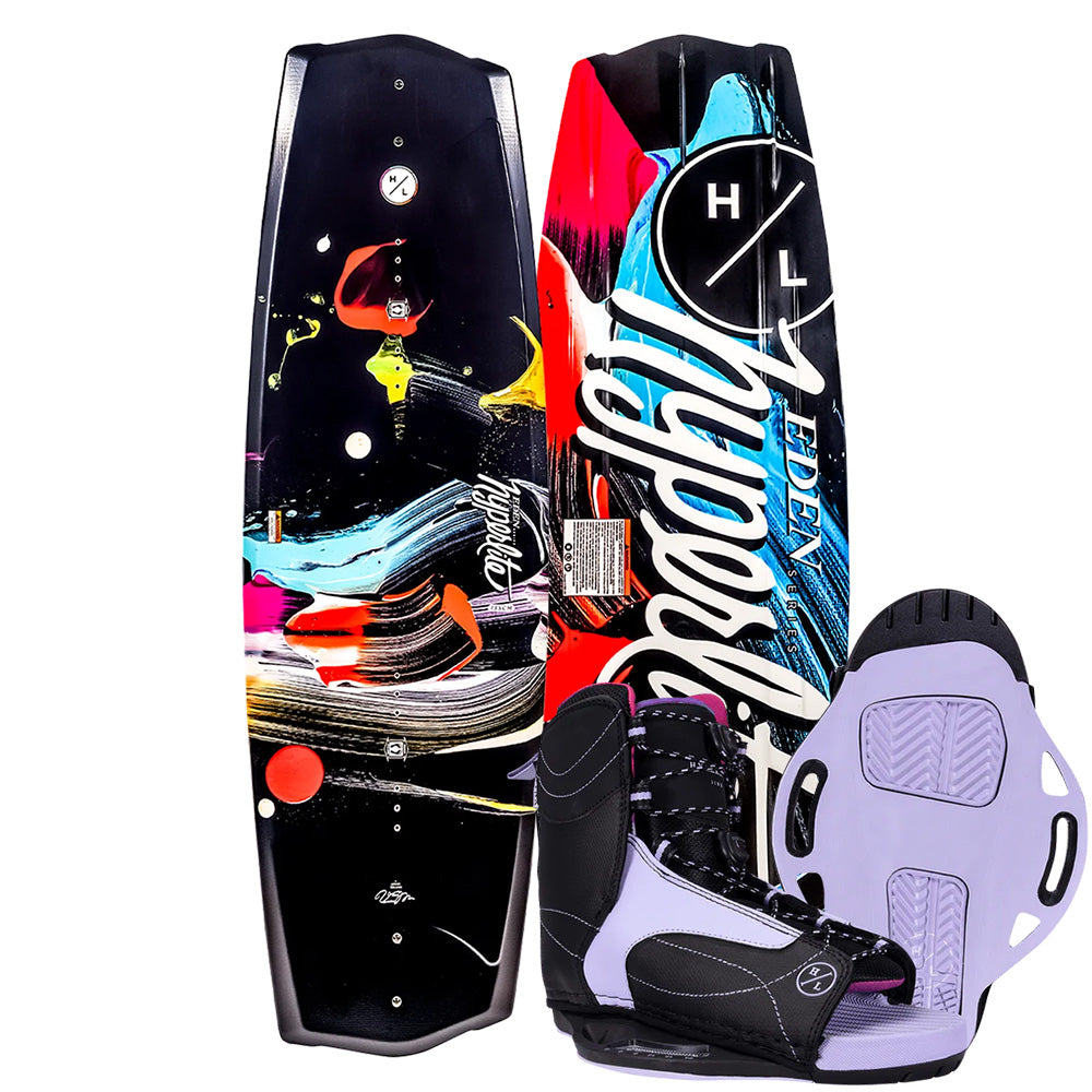 Two eye-catching wakeboards with bindings are displayed in an upright position. The first board boasts abstract designs, while the other prominently displays the "Hyperlite" logo. Ideal for laying the groundwork in wakeboarding, the Hyperlite 2025 Eden Jr Wakeboard with Jinx Girls Bindings is specially designed as a junior girl's wakeboard featuring a vibrant style.