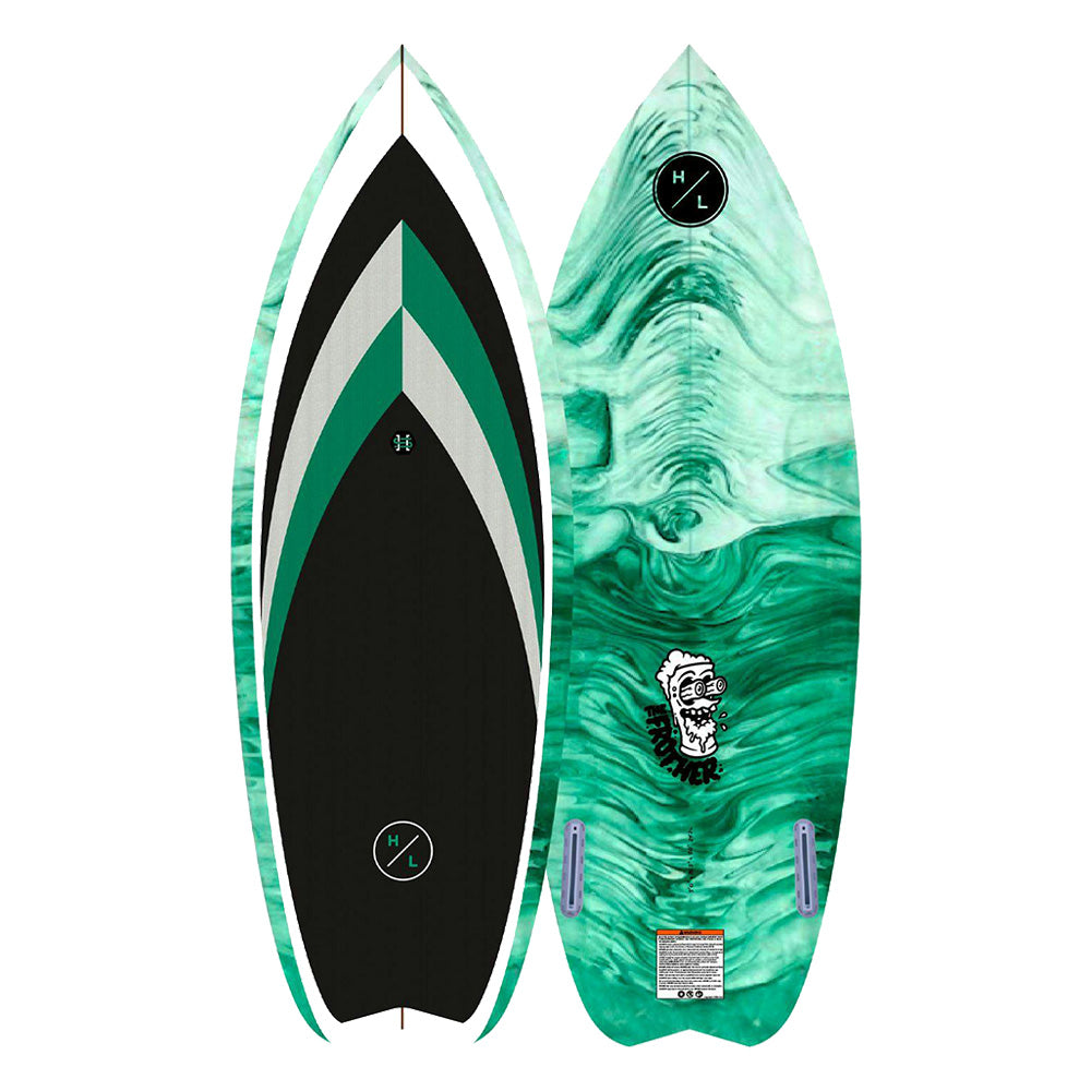 The Hyperlite 2025 Frother 2.0 Wakesurf Board, created by Hyperlite, is a green and black board crafted with epoxy construction and boasts an asymmetrical design featuring geometric patterns and a stylized graphic. Its twin fin setup enhances maneuverability.