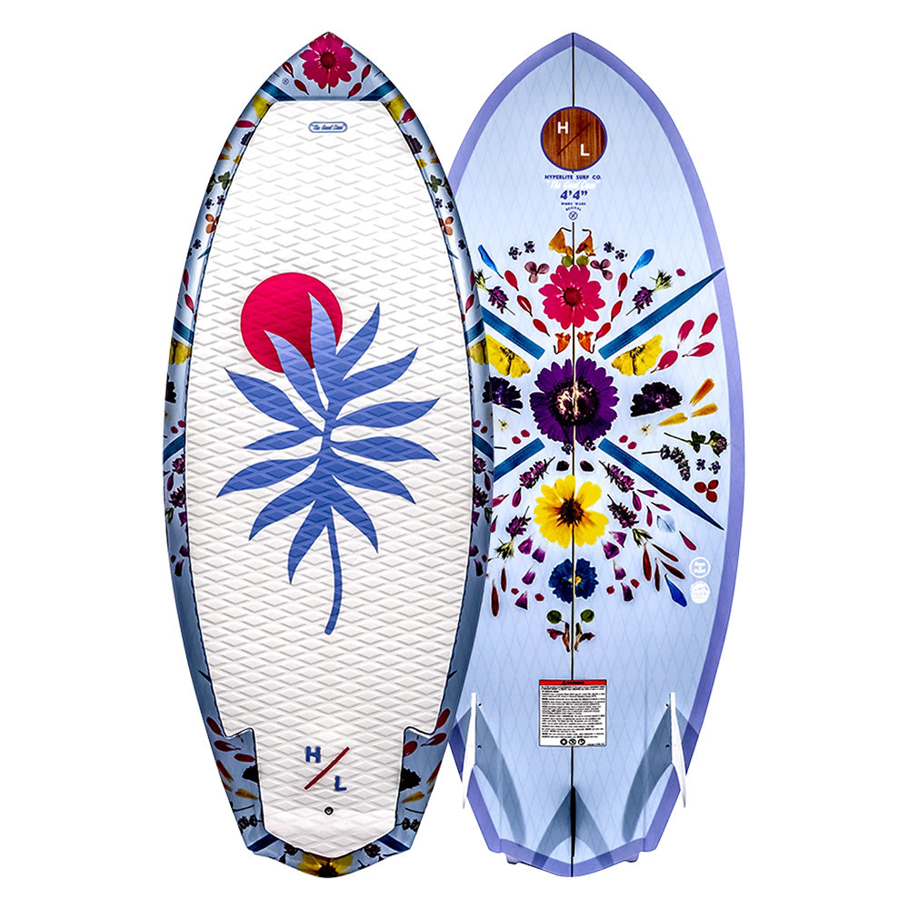 Two vibrant Hyperlite wakesurf boards with floral patterns stand against a white backdrop. Crafted for the wakesurf enthusiast, one board boasts a blue leaf design while the other, the Hyperlite 2025 Good Daze Women's Wakesurf Board with DuraShell Construction, features symmetrical, multicolored flower motifs that promise Good Daze on the water.