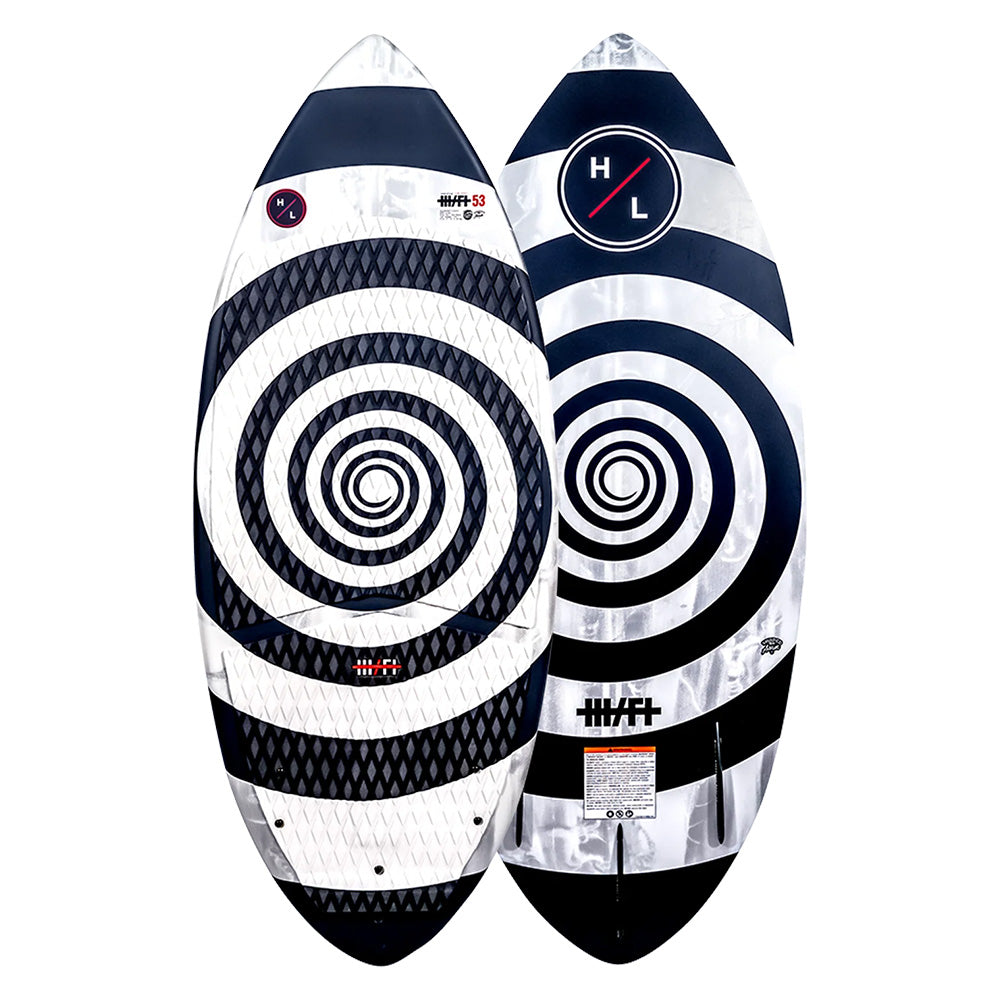 The Hyperlite 2025 Hi-Fi Wakesurf Boards showcase advanced DuraShell construction for enhanced durability, featuring black and white spiral designs with geometric patterns.