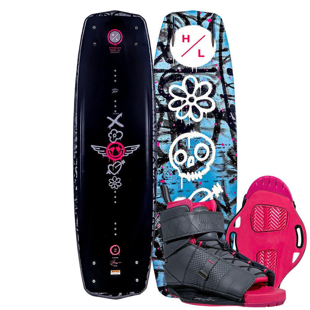 The Hyperlite 2025 Journey Wakeboard combined with sleek Viva Bindings boasts a vibrant blue and black design adorned with abstract graphics, highlighted by pink and white accents. Featuring superior 3-Stage Rocker performance and stylish gray and pink bindings, it's the ideal choice for your next water escapade.