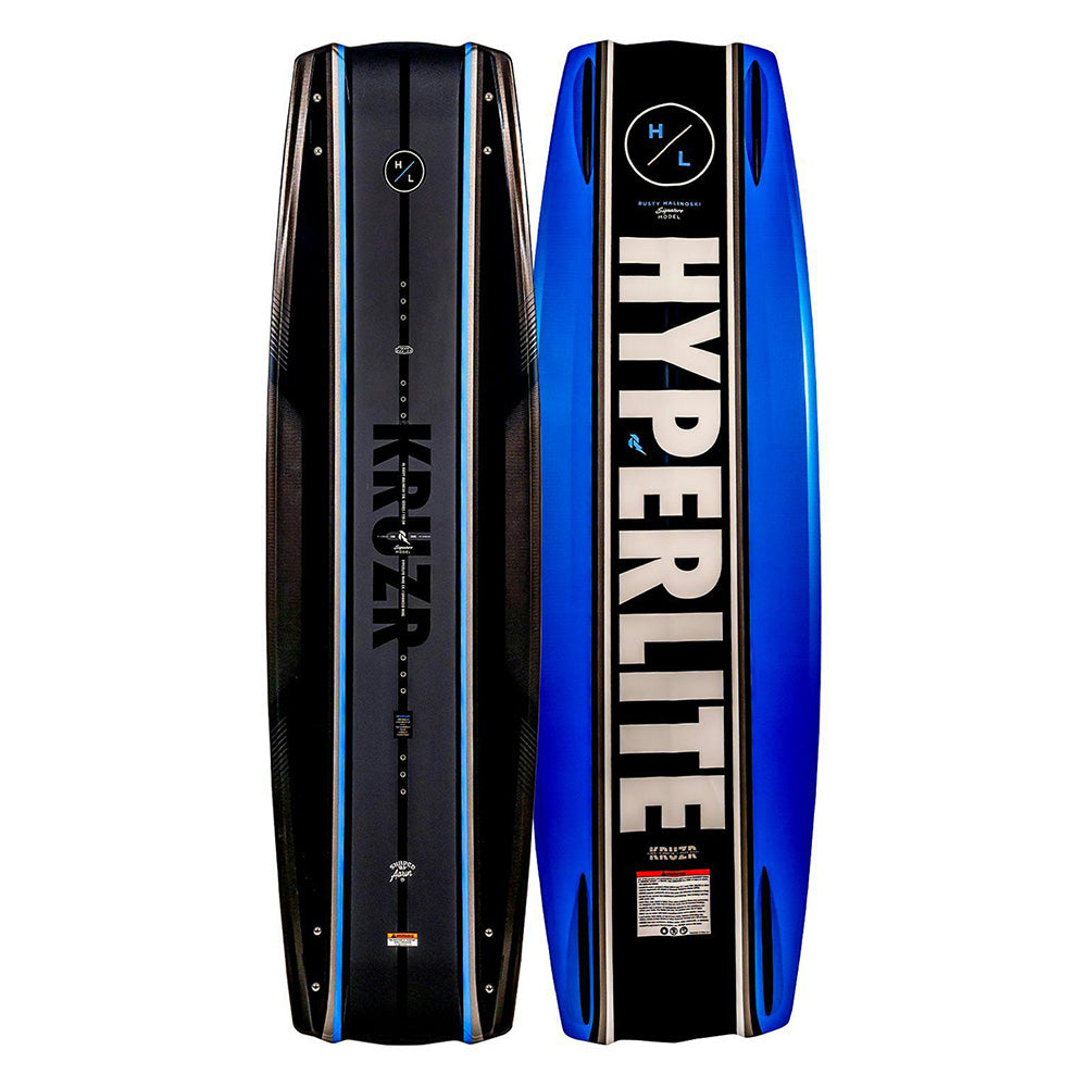 Two angled views of the Hyperlite 2025 Kruzr-GLS Wakeboard showcase its sleek blue and black design. The branding, including "Kruz," is prominently displayed, and the innovative Boneline Grab Rail boosts performance on the water.