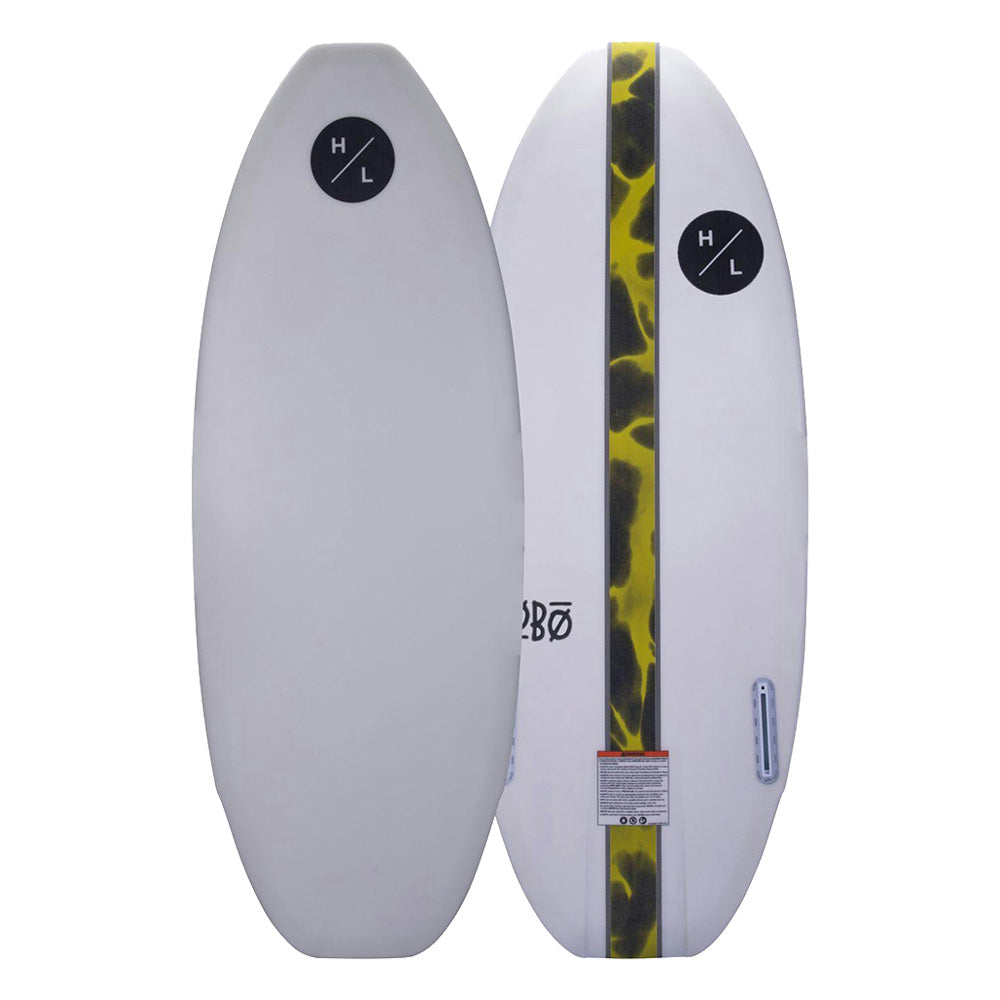 The Hyperlite 2025 Lobo Wakesurf Board showcases two perspectives: the left side reveals a minimalist white front adorned with an H/L logo, and the right side emphasizes the stylish white back with a contrasting black/yellow pattern, an H/L logo, and a vented tail channel. It's ideal for riding waves thanks to its Lobo twin fin setup.