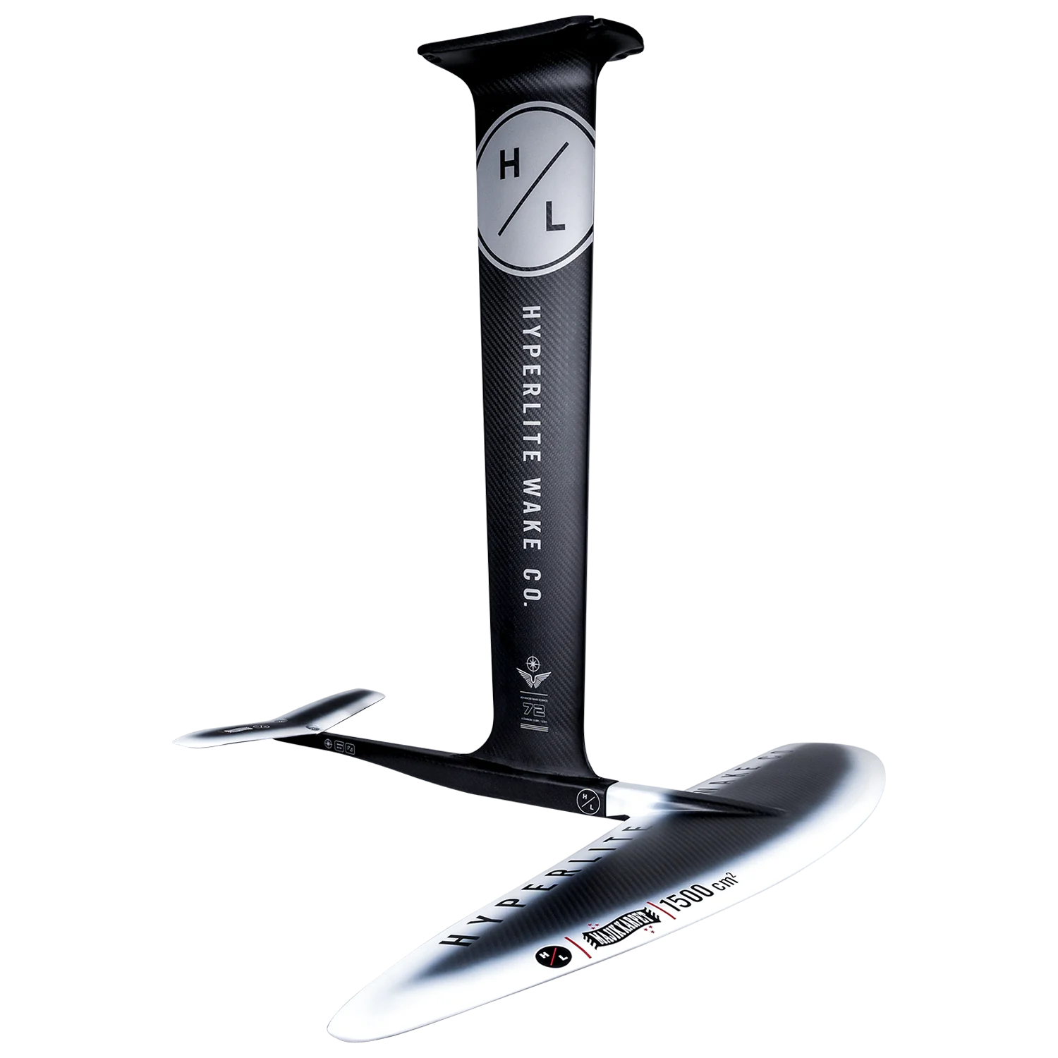 The Hyperlite 2025 Majic Karpet Foil Board with the MK 1500 Foil Package, presented in sleek black and silver tones, highlights its outstanding carbon construction with a mast and curved wing design. Ideal for an exceptional experience on the water.