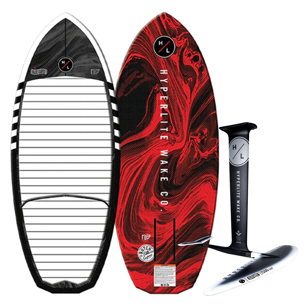 This eye-catching set consists of two surfboards and a hydrofoil. One board features a monochrome striped design, and the other displays a red and black swirl pattern. The black hydrofoil, made with carbon construction and white text, embodies the high-performance spirit of the Hyperlite 2025 Majic Karpet Foil Board | MK 1500 Foil Package by Hyperlite.