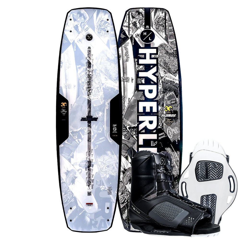 Two wakeboards sit side by side: the Hyperlite 2025 Murray Pro Wakeboard, predominantly white, and a black one with edgy graphics. Nearby, you'll find Team OT black wakeboard bindings and a white helmet. The subtle 3-stage rocker ensures smooth rides, while the Biolite 3 Core delivers lightweight strength.