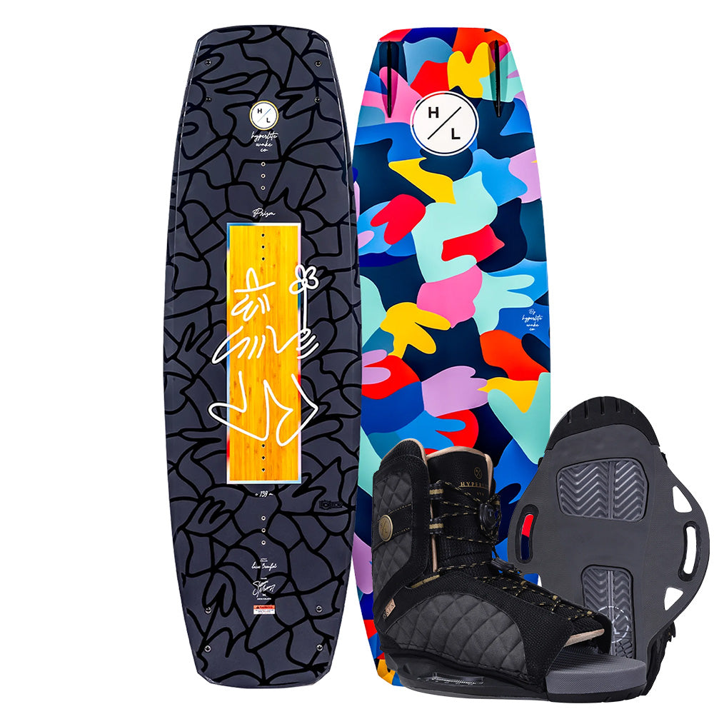 Two Hyperlite 2025 Prizm Wakeboards are elegantly displayed—one featuring multicolored patterns and the other a bold black and white design. In front of them lies a Hyperlite wakeboard boot, equipped with state-of-the-art Syn Bindings technology, ready for adventure.