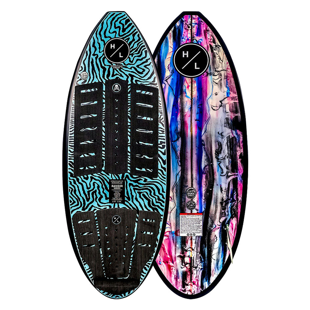 The Hyperlite 2025 Ranger Wakesurf Board from Hyperlite features two unique skimboards with abstract designs built for durability using DuraShell Construction. One board is adorned with striking blue and black zebra patterns, while the other exhibits vibrant multicolored swirls. Perfect for those desiring a surf style that combines bold aesthetics with reliable performance, these boards offer a seamless blend of art and function.