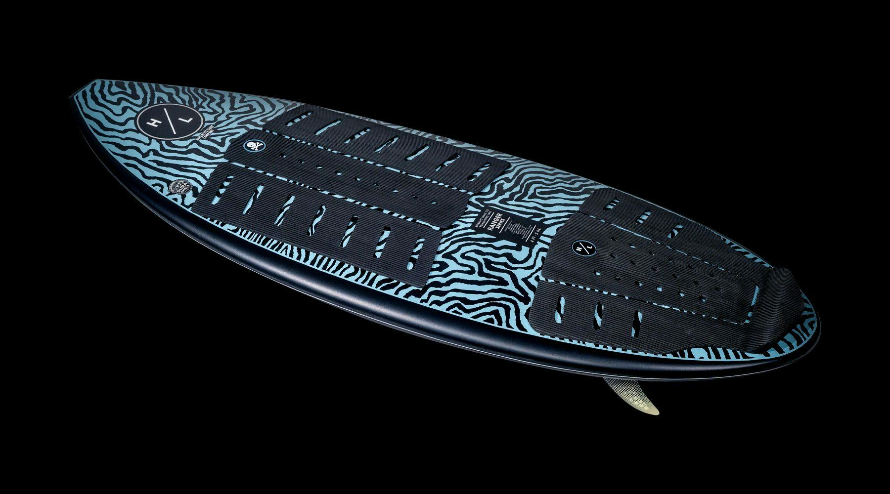 In the image, the Hyperlite 2025 Ranger Wakesurf Board by Hyperlite is showcased with its sleek black and blue zebra pattern design and Thruster Fin Configuration against a black background.