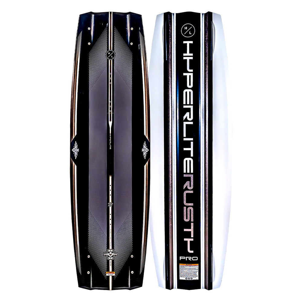 The Hyperlite 2025 Rusty Pro Wakeboard showcases two perspectives of its sleek black and white design, prominently displaying the Hyperlite branding, and is expertly crafted using the advanced Biolite 3 Core material for superior performance.